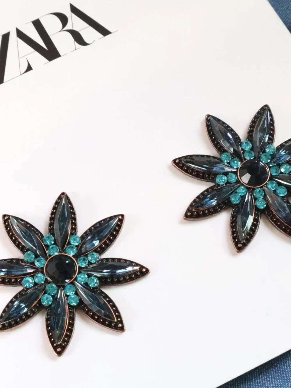 ZARA blue crystal Floral Earrings Bold Statement Jewelry